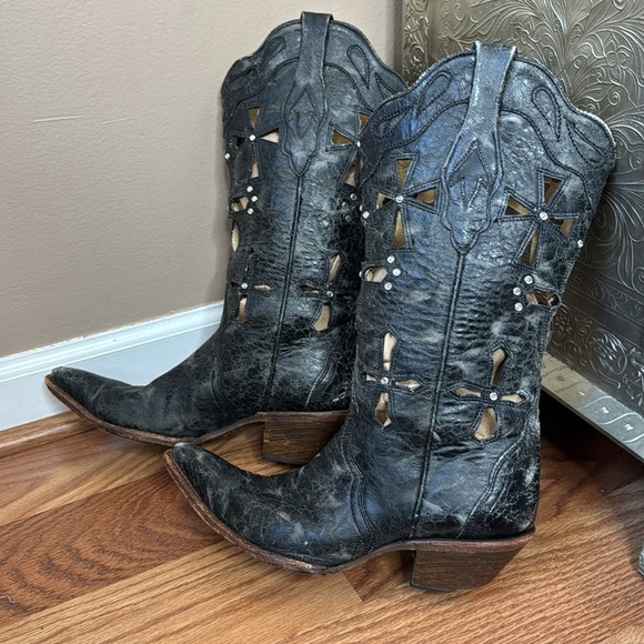 2123 Cross Cut Out Black Leather Cowboy Western Boots 8M - Picture 1 of 4